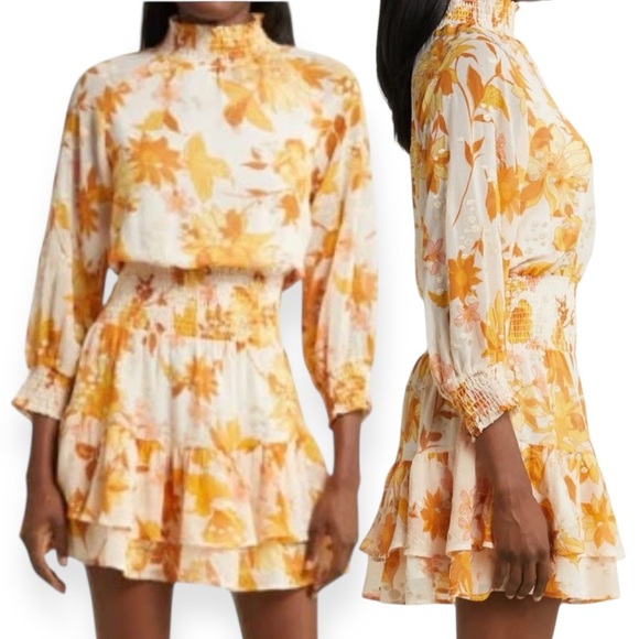 BTFL-life Retro Floral Ambrielle Floral Smocked Long Sleeve Mini Dress Large - Picture 7 of 8